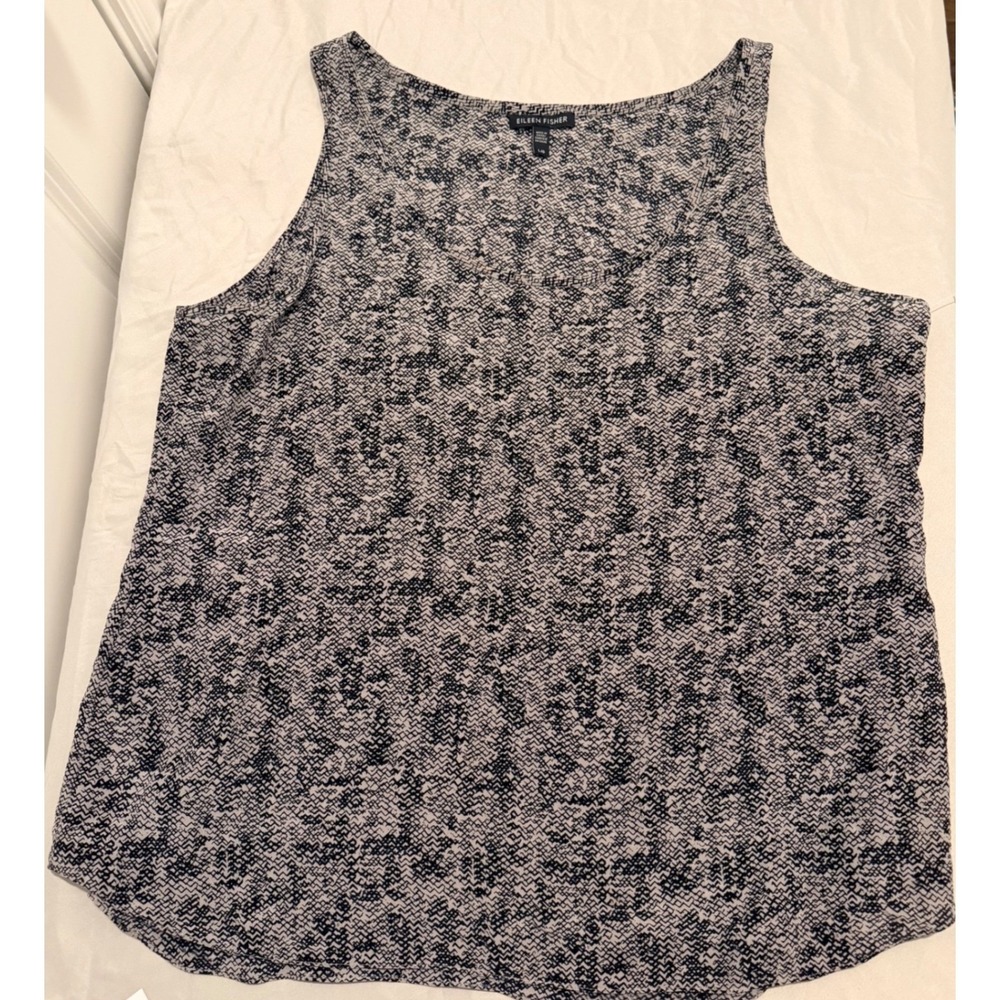 Eileen Fisher 100% Silk Tank Top Black Gray Geometric Scoop Neck‎ Shell NEW